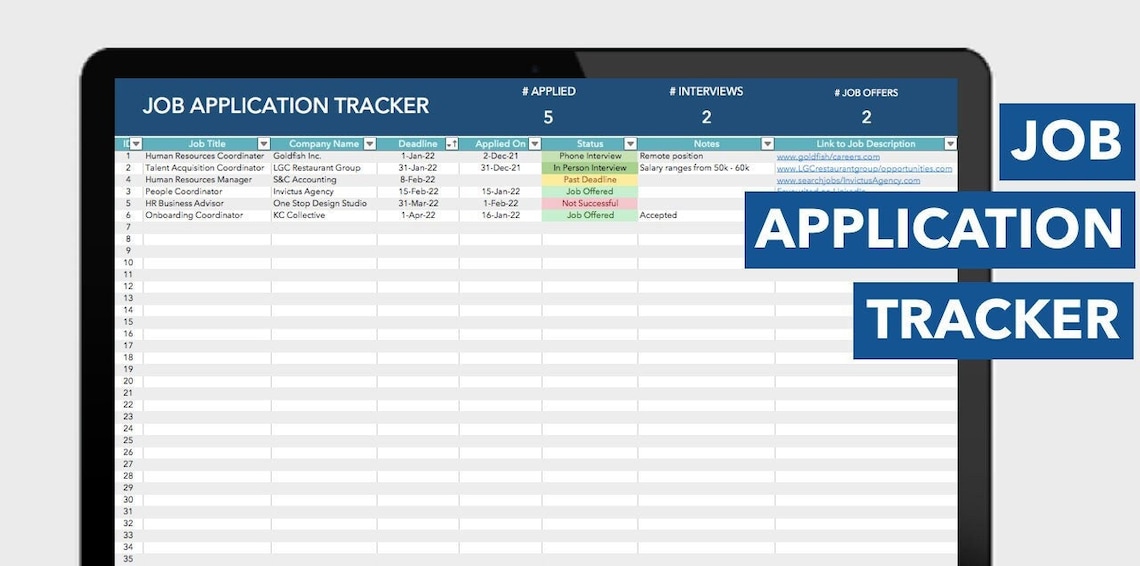 Job Search Tracker Excel Spreadsheet Template Etsy