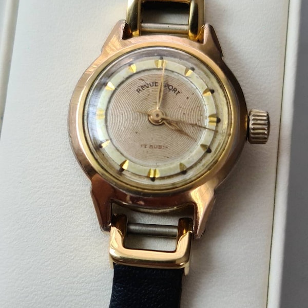 Rare Ladies Vintage Gold Plated REVUE SPORT 17 Jewel Incabloc Swiss Made Mechanical Bracelet Watch