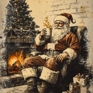 Santa by Fireplace Watercolor Print: Vintage Christmas Scene (Digital Download)