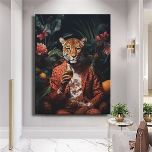 Druck auf Leinwand Boss Tiger In A Suit Drink Whisky Blume Jungle Leinwand Malerei Wand Kunst Home Leinwand Bild Dekoration Interior Luxus Leinwand