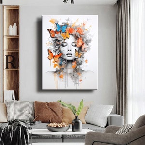 Pop Art Frau Gesicht Orange Schmetterling Graffiti Luxus Leinwand Druck Wand Kunst Wohnkultur Bild Dekoration Wohnzimmer