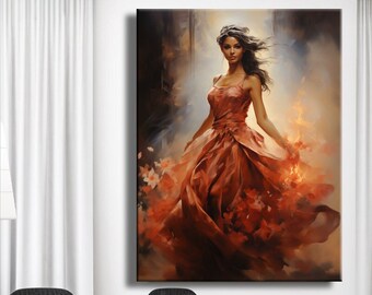 Canvas Print Woman Dancer In A Red Dress On Fire Canvas Painting Abstract Wall Art Home Canvas Picture Decoration Interior Luxury Canvas