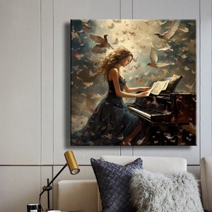Bella ragazza astratta in un vestito blu che suona il pianoforte Stampa su tela Arte murale Pittura Decorazione per la casa Decorazione della stanza Cool Pop Art Soggiorno