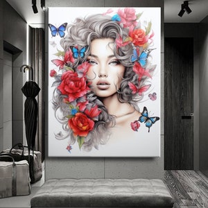 Poster Pop Art Rote Rosen Frau Gesicht Schmetterling Graffiti Malerei Leinwand Wand Kunst Wohnkultur Bild Dekoration Wohnzimmer