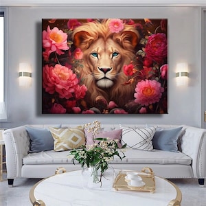 Pop Art Re Leone con Fiori Stampa su Tela Dipinto su Tela Astratto Soggiorno Casa Immagine su Tela Decorazione Arredamento d'Interni Tela di Lusso