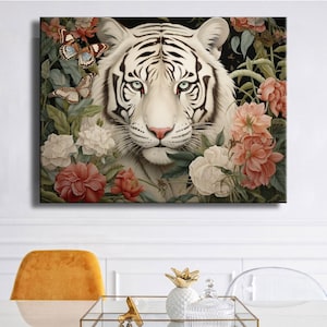 Pop Art White Tiger With Roses Butterfly Graffiti Luxury Painting Canvas Print Wall Art Home Decor Canvas Picture Decoration Living Room