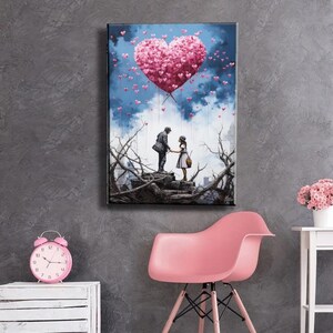 Pop Art Leinwand Graffiti Street Style, Leinwand Wanddekor Banksy-Stil Leinwand Kunst Street Art Floating Heart, Love & War Graffiti Wanddruck