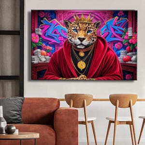 Royal Leopard Canvas Print – Graffiti Street Art Canvas, Bitcoin King Luxury Canvas, Bold Urban Pop Art Print Wall Decor for Modern Space