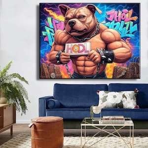 Leinwanddruck – Graffiti Pop Art HODL Pitbull, Krypto Bitcoin Wanddekoration, Bold Street Style Kunstwerk für Trader & Kapitalanleger