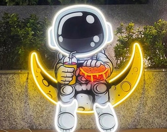 Pop  Art Astronaut Eating Hamburger Led Neon Acrylic Artwork Handmade Custom Neon Signs for Living Room Bedroom Wall Decor Neon Lights