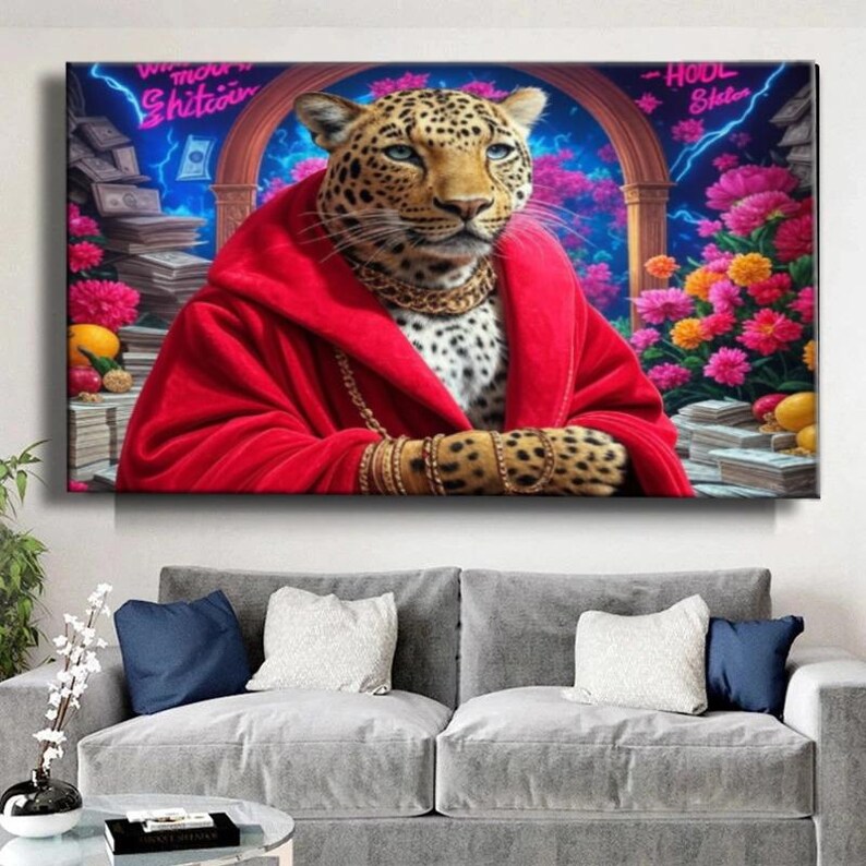 May include: A leopard wearing a red robe and gold jewelry sits in front of a neon sign that reads "Winnin' more Shitcoin" and another sign that reads "HOOL Sells".