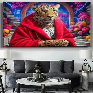 May include: A leopard wearing a red robe and gold jewelry sits in front of a neon sign that reads "Whinin' Shittin'" and another that reads "Hool Shite". The leopard is surrounded by stacks of money and flowers.
