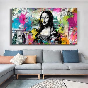 Grande stampa su tela Graffiti Mona Lisa – Vibrante Pop Art Money Splash, tela di Street Art urbana, audace decorazione murale di lusso per spazi moderni