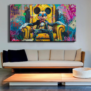 Impresión en lienzo de dibujos animados de grafiti: lienzo de arte callejero de lujo, arte pop urbano audaz, decoración de pared en lienzo de Rich Mouse Bitcoin King, arte callejero grande