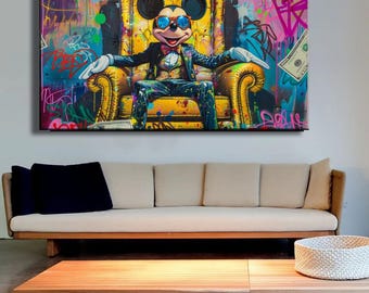 Graffiti Cartoon Canvas Print – Luxury Street Art Canvas, Bold Urban Pop Art, Rich Mouse Bitcoin King Canvas Wall Decor Large Street Art