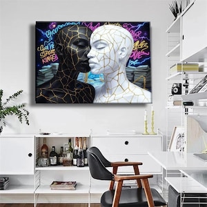Human Love Pop Art Canvas – Black and White Lovers, Gold Cracked Texture, Neon Graffiti Street Art, Modern Wall Decor for Home or Office