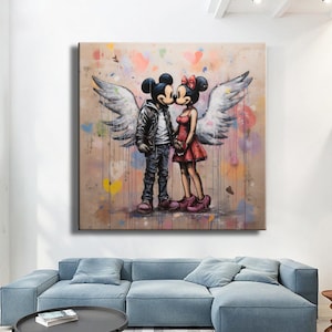 Impresión en lienzo de graffiti de ángel de dibujos animados de Mickey Mouse, pintura para pared, decoración del hogar, pintura en lienzo, imagen de lujo, decoración colorida para habitación, arte pop