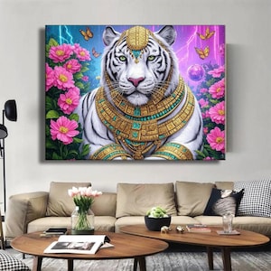 Luxury White Tiger Large Canvas Print – Regal Tiger Canvas Wall Art, Gold & Turquoise Jewelry Canvas, Vibrant Floral Graffiti Canvas Decor