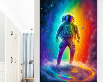 Astronaut Canvas Print, Rainbow Galaxy Space Wall Art, Modern Cosmic Decor for Living Room Bedroom