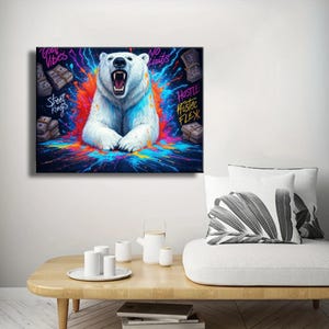 Graffiti Polar Bear Canvas Print – Powerful Street Art, Neon Money Hustle Design, Bold Urban Wall Decor for Home & Office, Large  Pop Art