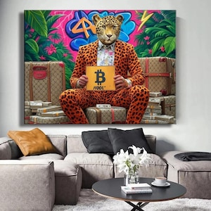 Bitcoin HODL Pop Art Leinwand – Wohlhabender Leopard im Luxusanzug, Graffiti Street Style, mutiges Krypto-Wanddekor für Trader und Trader
