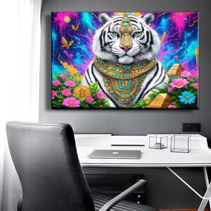 Canvas White Tiger Large Canvas Print – Regal Tiger Canvas Wall Art, Gold & Turquoise Jewelry Canvas, Vibrant Floral Graffiti Canvas Decor