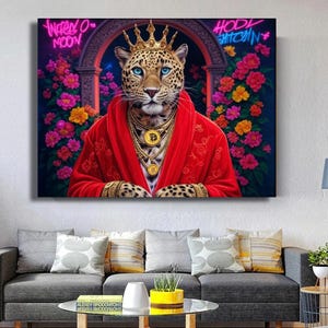 Royal Leopard Pop Art Leinwand - Majestätischer Krypto König, luxuriöse Straßenkunst, mutige und lebendige Bitcoin HODL Wanddekoration für moderne Räume