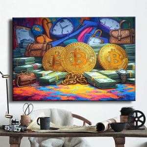 Bitcoin Wealth Pop Art Canvas – Luxury Crypto Graffiti, Bold Money & Gold Design, Vibrant Street Style Wall Decor for Investors  Traders
