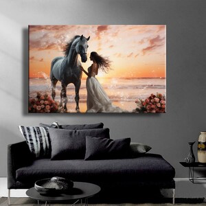 Leinwanddruck Braut Im Sonnenuntergang Strand Weißes Pferd Leinwanddruck Wandkunst Malerei Wohnkultur Farbe Bild Luxusdekoration Wohnzimmer
