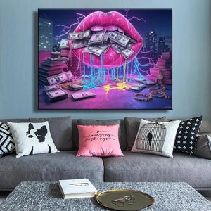 Luxus Geld Lippen Leinwand – tropfendes Geld Pop Art Druck, Neon ästhetische Wanddekoration, Urban Street Art Poster, trendige Glam-Wandkunst für Zuhause