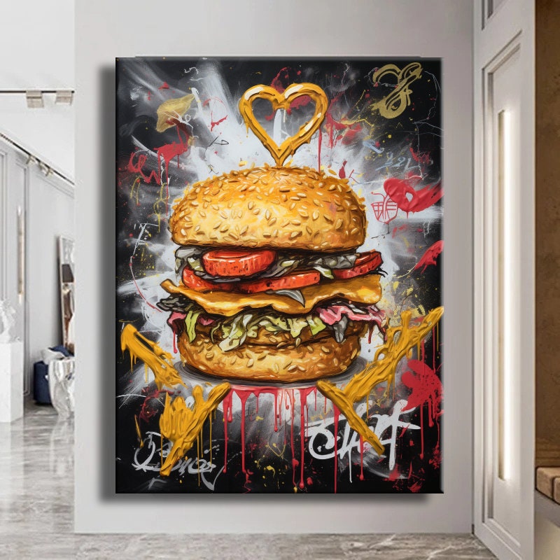 Hamburger Graffiti Pop Art Food Art Graffiti Colorful Abstract Pop Art Canvas Print Wall Art Home Canvas Room Decoration Food Lover Canvas
