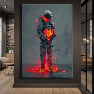 Cosmic Love Canvas Print – Astronaut Holding a Glowing Heart, Futuristic Space Art, Sci-Fi Romance Wall Decor, Modern Astronaut Canvas