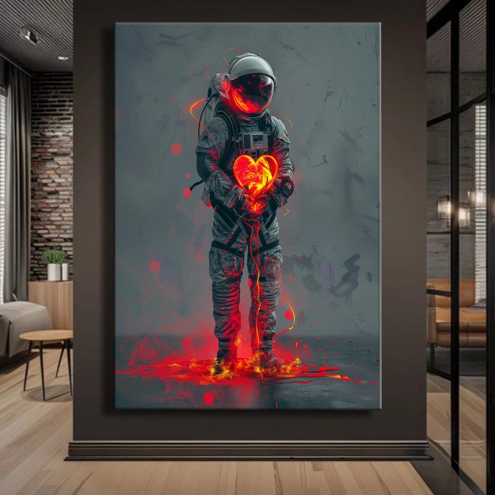 Cosmic Love Canvas Print – Astronaut Holding a Glowing Heart, Futuristic Space Art, Sci-Fi Romance Wall Decor, Modern Astronaut Canvas