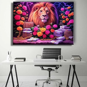Luxus Löwe Leinwand Kunst - Reichtum Power Pop Art Druck, Geld & Rosen Dekor, mutiges Jungle King Kunstwerk, hochwertiges ästhetisches Poster