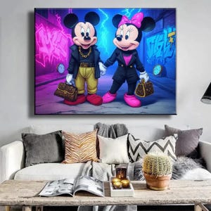 Graffiti Mouse Cartoon Canvas – Urban Pop Art Wall Decor, Luxury Street Style Cartoon Print, Hip Hop Couple Wall Art, Cool Aesthetic Gift