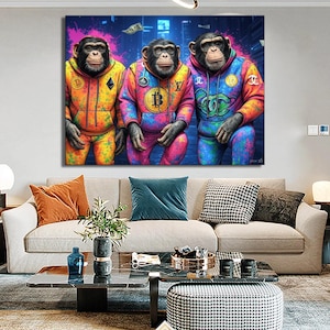 Graffiti Pop Art Leinwand - Krypto-3-Affen in luxuriösen Hoodies, mutige urbane Straßenkunst, lebendige Bitcoin & Ethereum-Wanddekoration für moderne Räume