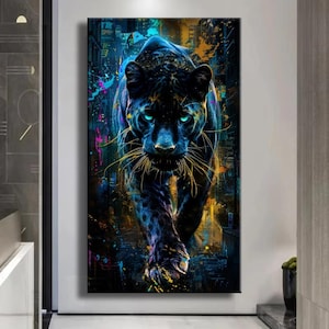 Graffiti Pop Art Leinwand - Schwarzer Panther mit neonblauen Augen, Urban Street Art, mutige & wilde Tier-Wanddekoration für modernes Zuhause oder Büro