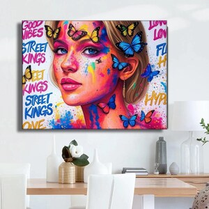 Butterfly Pop Art Canvas – Vibrant Female Portrait, Graffiti Street Style, Colorful Urban Wall Decor, Modern Aesthetic Artwork Canvas Print