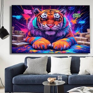 Canvas Print Graffiti – Large Orange Tiger Futuristic Art, Extra Large Wall Decor, Modern Pop Art Canvas Street Art Canvas Art Handmade
