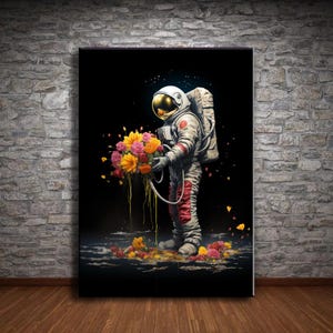 Astronaut Blumen Leinwanddruck - Weltraum Kunst Wanddekoration, Astronaut mit Blumen, Weltraum Wandkunst, Astronauten Malerei im Graffiti-Stil