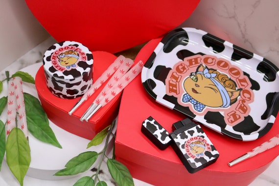 Cute Phaedra Gift Set for Cow Print Lovers - Lighter, Tray, Grinder & Red Leaf Cone