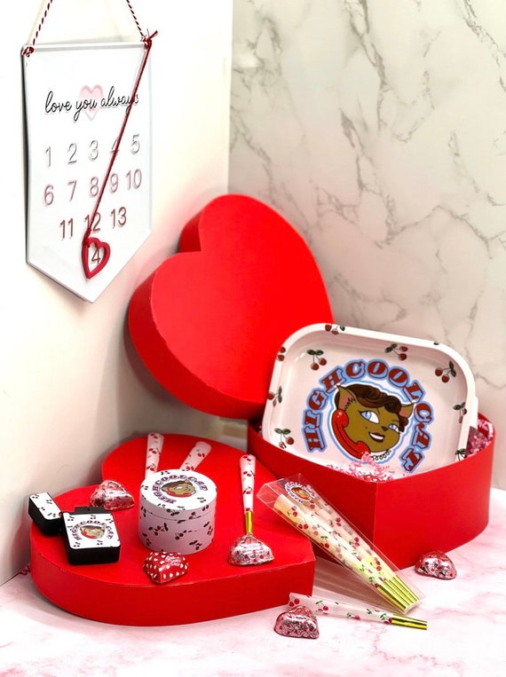 Adorable Valentine’s Gift Set - Carmen Lighter, Tray, Grinder & Cherry Cones - Heart-Shaped Packaging