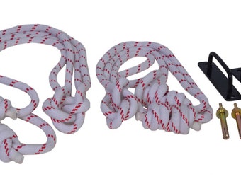 May include: Two white ropes with red stripes, each with a loop at one end. The ropes are coiled and ready to be hung. Two black metal hooks with a handle are included, along with four gold-colored screws.