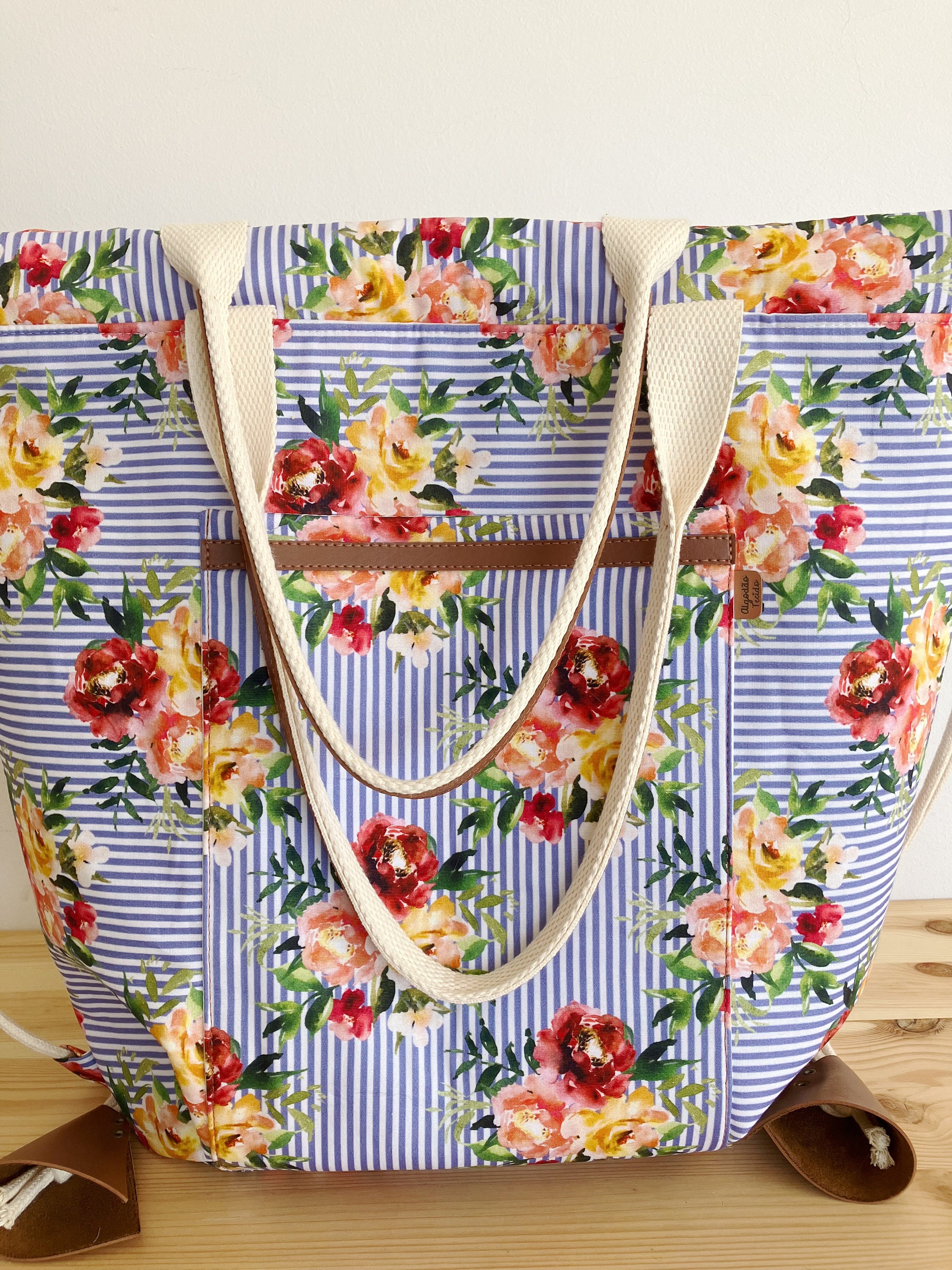 Floral Convertible Backpack Tote - Pink & Aqua by Floral Leather Convertible Backpack: French Pink Rucksack  main image 2