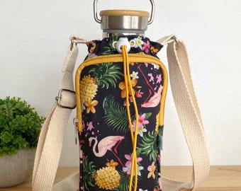 Handmade Water Bottle Cooler Bag: Floral Flamingo Print, Crossbody Strap