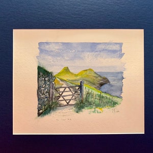Coast Path Cornwall - Watercolor painting with gate by the sea, South England