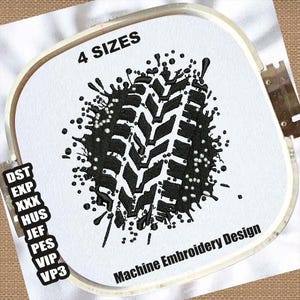 May include: Black and white machine embroidery design of a tire tread with a splatter effect. The design is labeled "4 SIZES" and "Machine Embroidery Design". The design is available in the following formats: DST, EXP, XXX, HUS, JEF, PES, VIP, VP3.