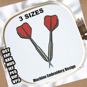May include: Machine embroidery design featuring two darts with red flights and silver shafts, intersecting on a white background. The text "3 SIZES" is above the darts, and "Machine Embroidery Design" is below. Additional file type abbreviations are on the left.