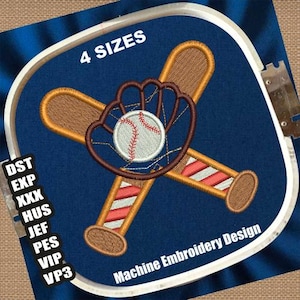 Diseños de bordado a máquina con apliques de bate de béisbol con guante cruzado / Patrones de bordado con apliques de béisbol / Archivos de bordado de deportes de sóftbol