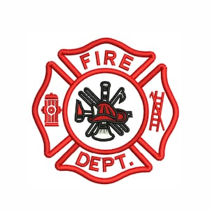 Puede incluir: Emblema rojo y blanco del departamento de bomberos con las palabras "FIRE DEPT." en un círculo rojo. El emblema presenta una boca de incendios, un hacha, una escalera y un casco de bombero.